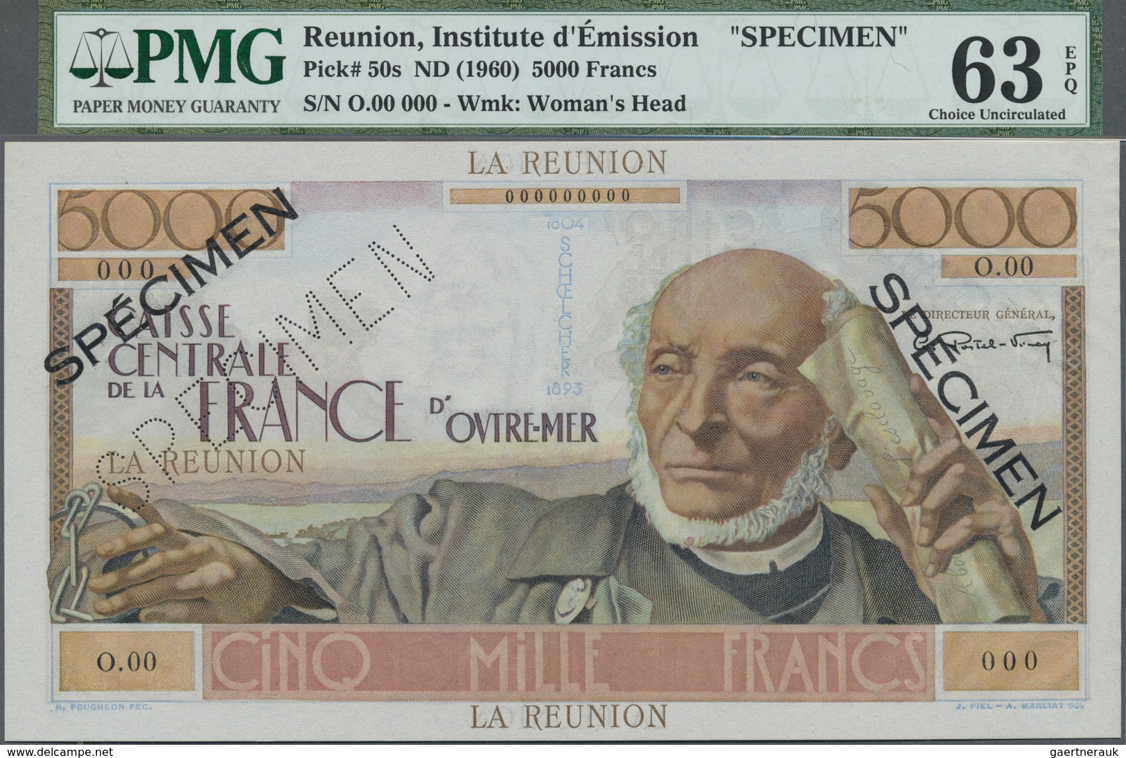 Réunion: 5000 Francs ND(1960) P. 50s, PMG Graded 63 Choice UNC EPQ. - Réunion