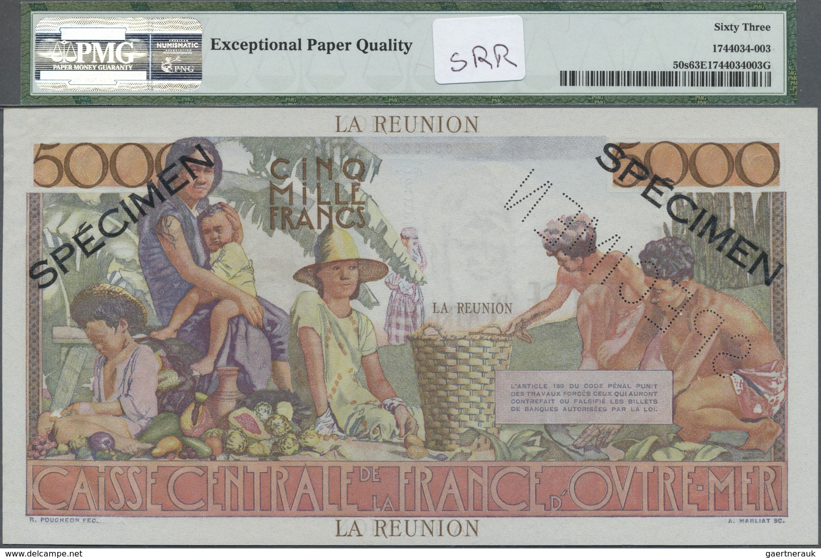 Réunion: 5000 Francs ND(1960) P. 50s, PMG Graded 63 Choice UNC EPQ. - Riunione