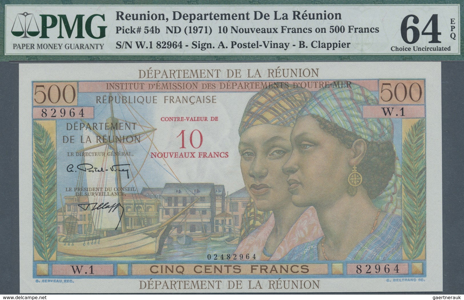 Réunion: 10 NF On 500 Francs ND(1971) P. 54b, Condition: PMG Graded 64 Choice UNC EPQ. - Riunione