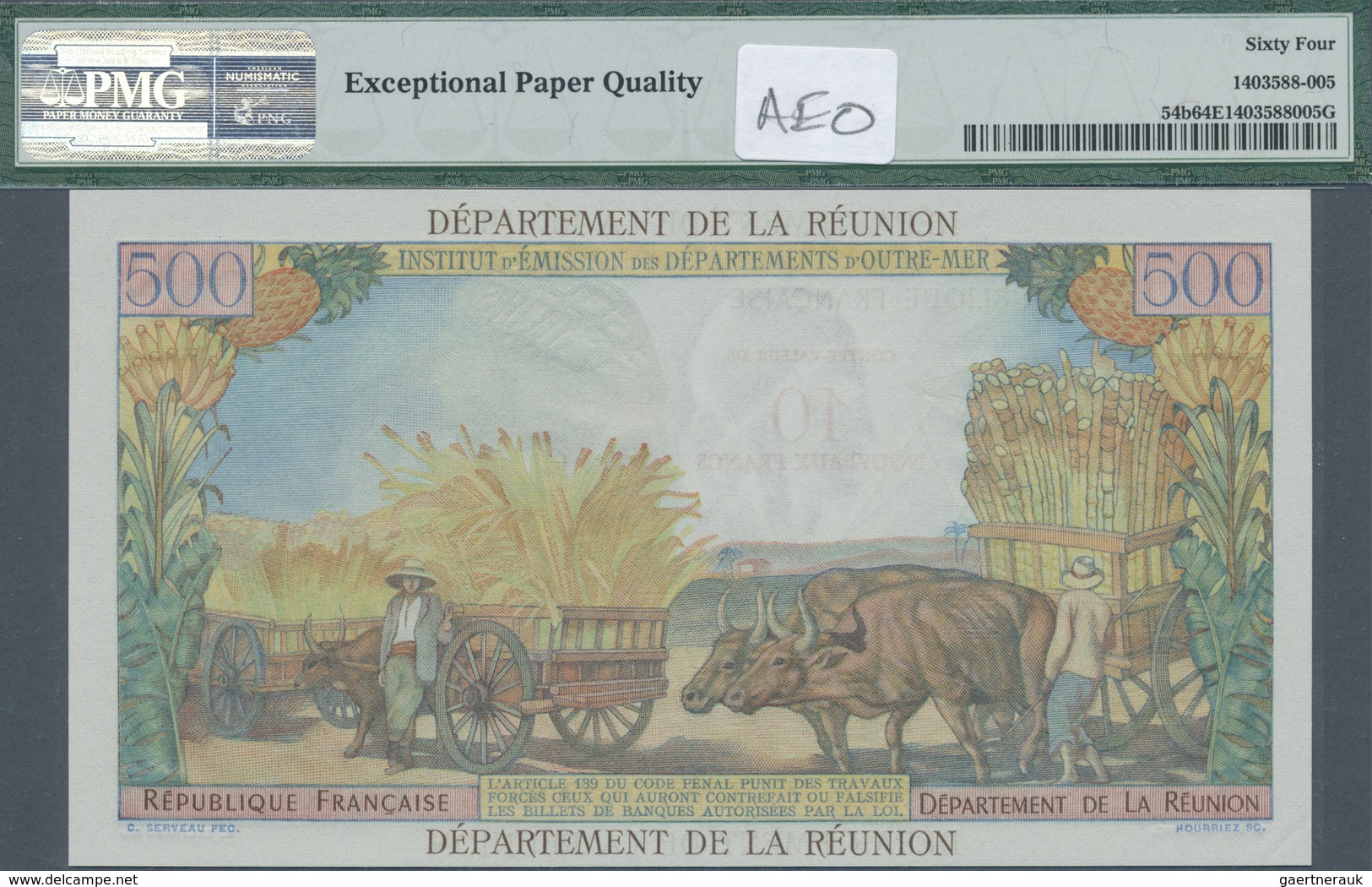 Réunion: 10 NF On 500 Francs ND(1971) P. 54b, Condition: PMG Graded 64 Choice UNC EPQ. - Reunion