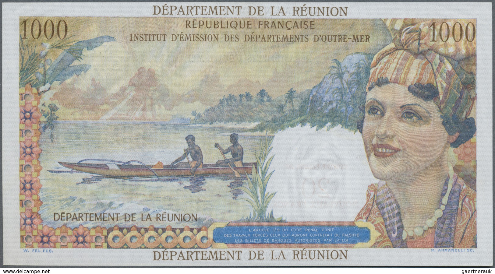 Réunion: 20 NF On 1000 Francs ND(1960) P. 55, Only A Light Center Bend And Minor Corner Folding, Cri - Reunion