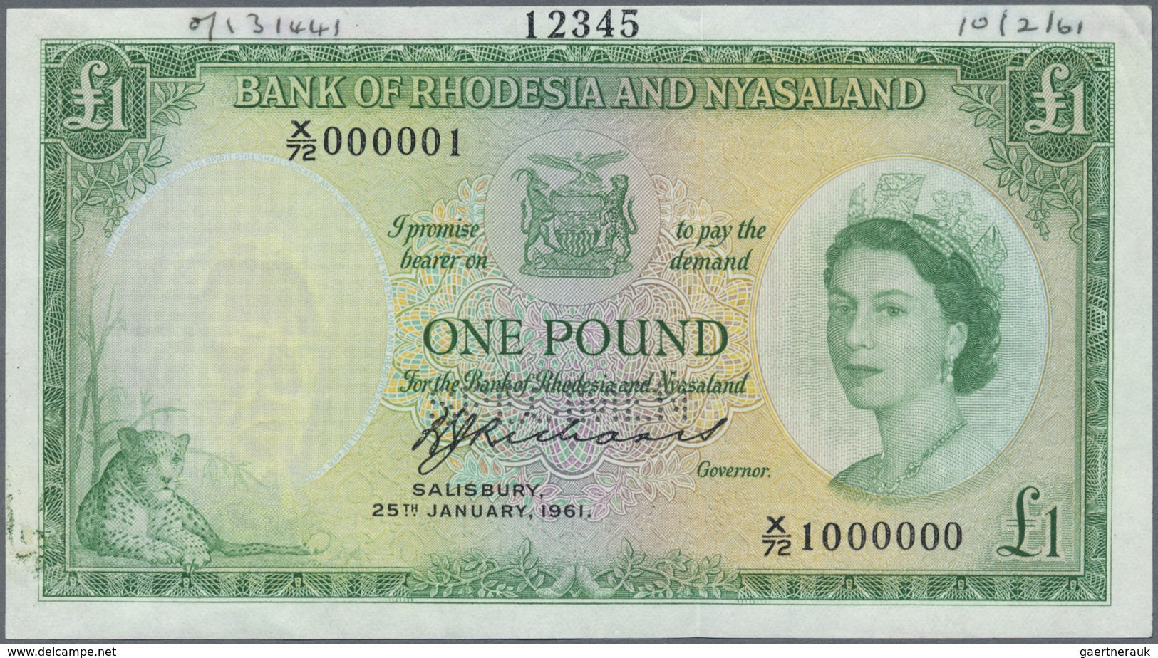 Rhodesia & Nyasaland: 1 Pound January 25th 1961 SPECIMEN, P.21bs With Perforation Specimen At Lower - Rhodesien