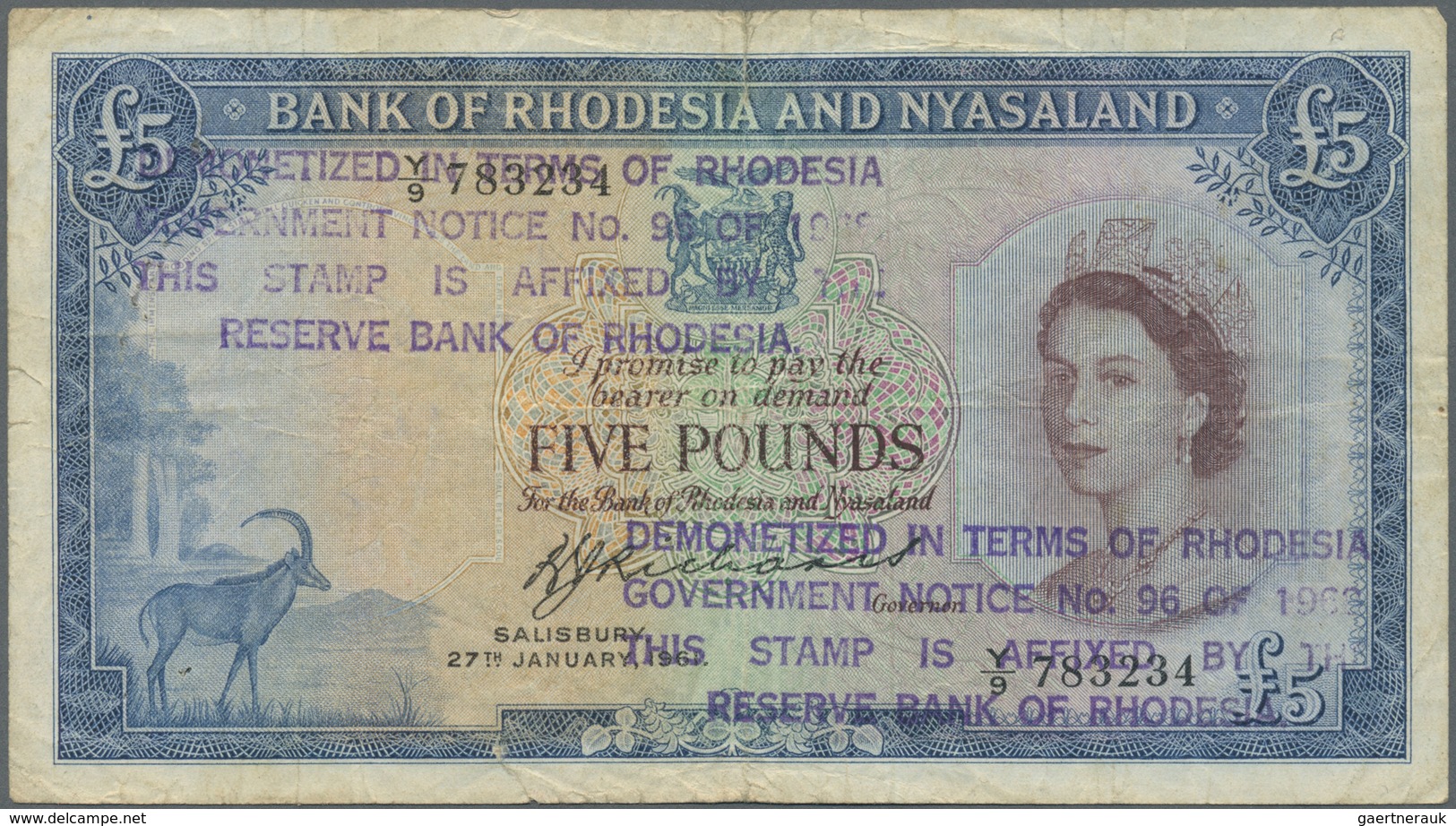 Rhodesia & Nyasaland: Interesting Note Of 5 Pounds 1961 P. 22b Double Stamped "Demonetized In Terms - Rhodesia