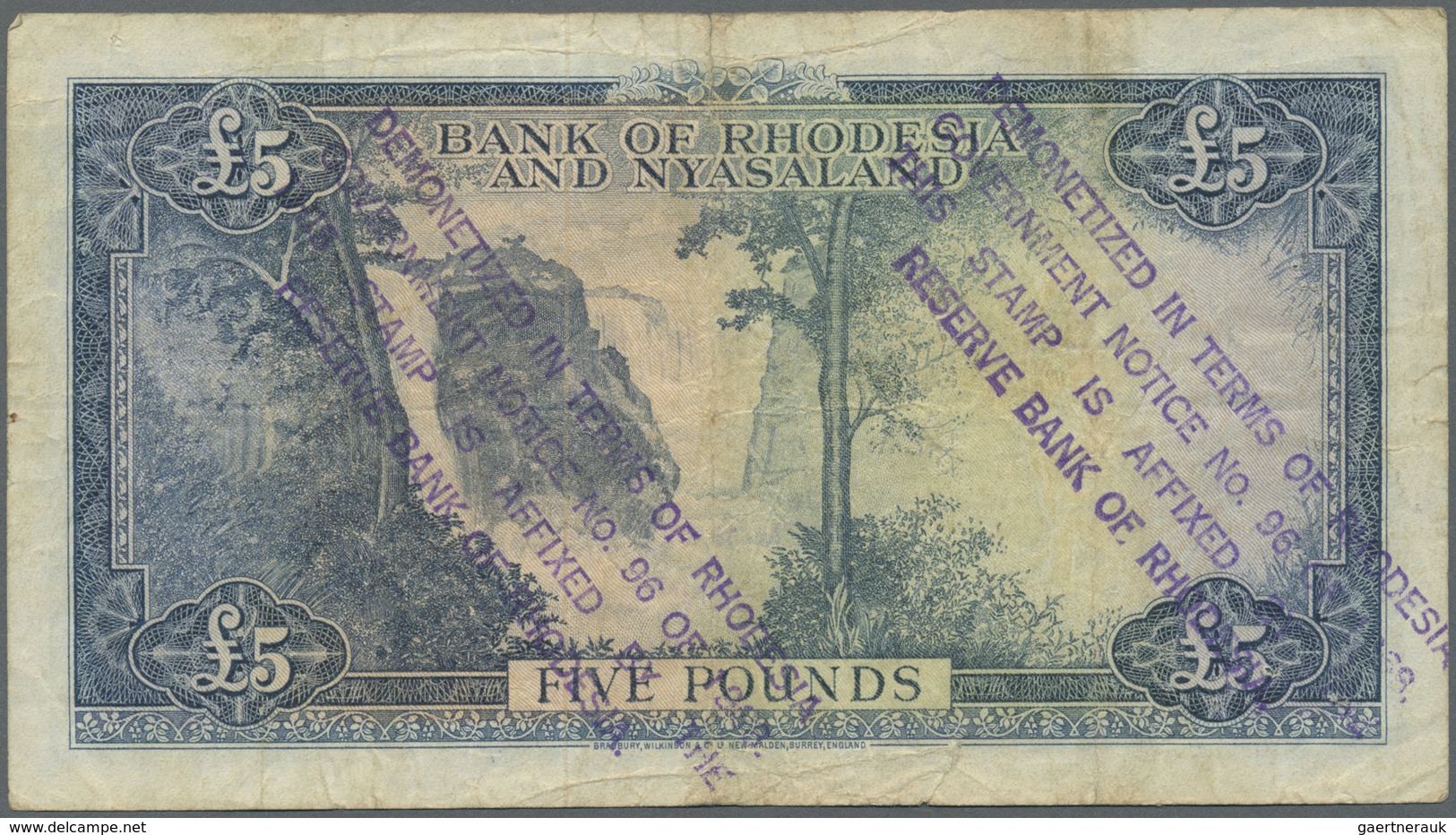 Rhodesia & Nyasaland: Interesting Note Of 5 Pounds 1961 P. 22b Double Stamped "Demonetized In Terms - Rhodesien