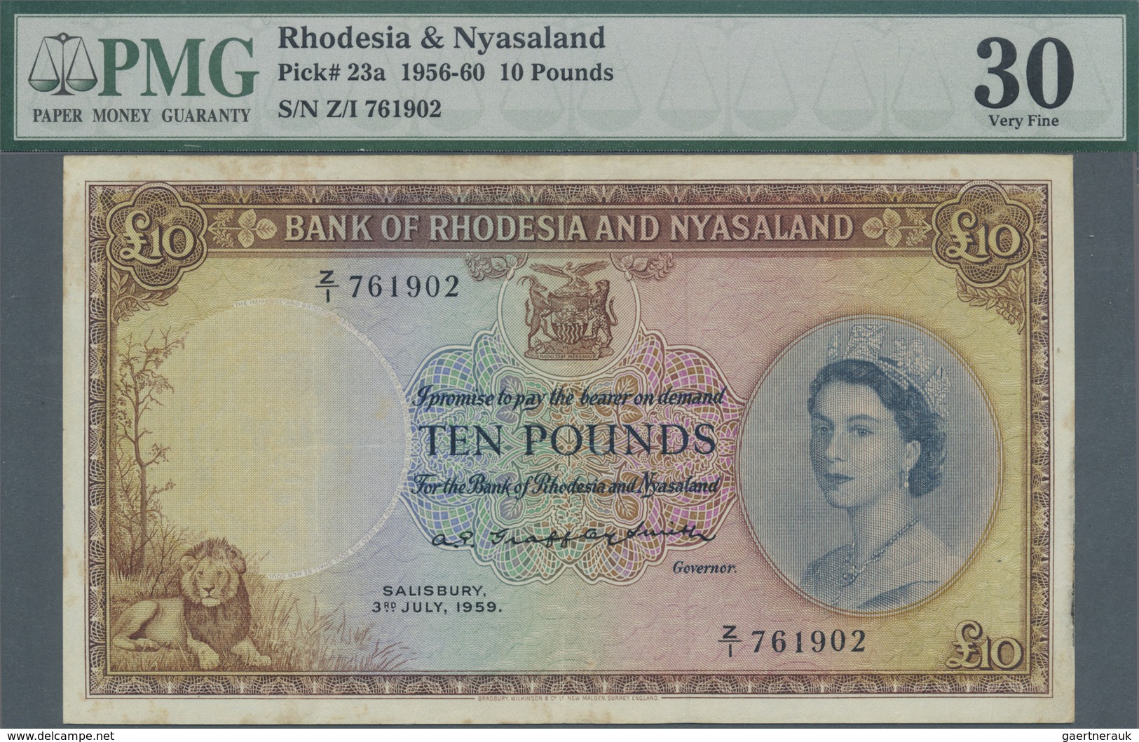 Rhodesia & Nyasaland: 10 Pounds 1959 P. 23a, Rare Note, PMG Graded 30 VF. - Rhodesia