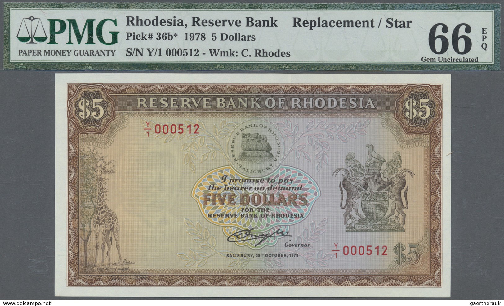 Rhodesia / Rhodesien: 5 Dollars 1978 With Watermark C.Rhodes And Replacement Series With Serial Lett - Rhodesia