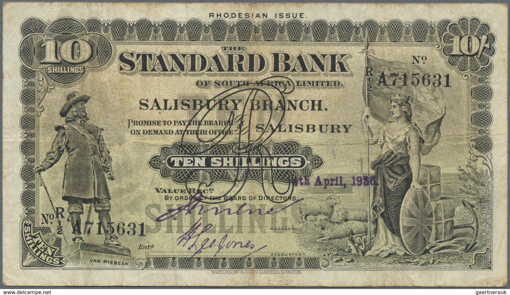 Rhodesia / Rhodesien: 10 Shillings 1936 P. S146b, Used With Several Folds And Light Stain In Paper, - Rhodesia