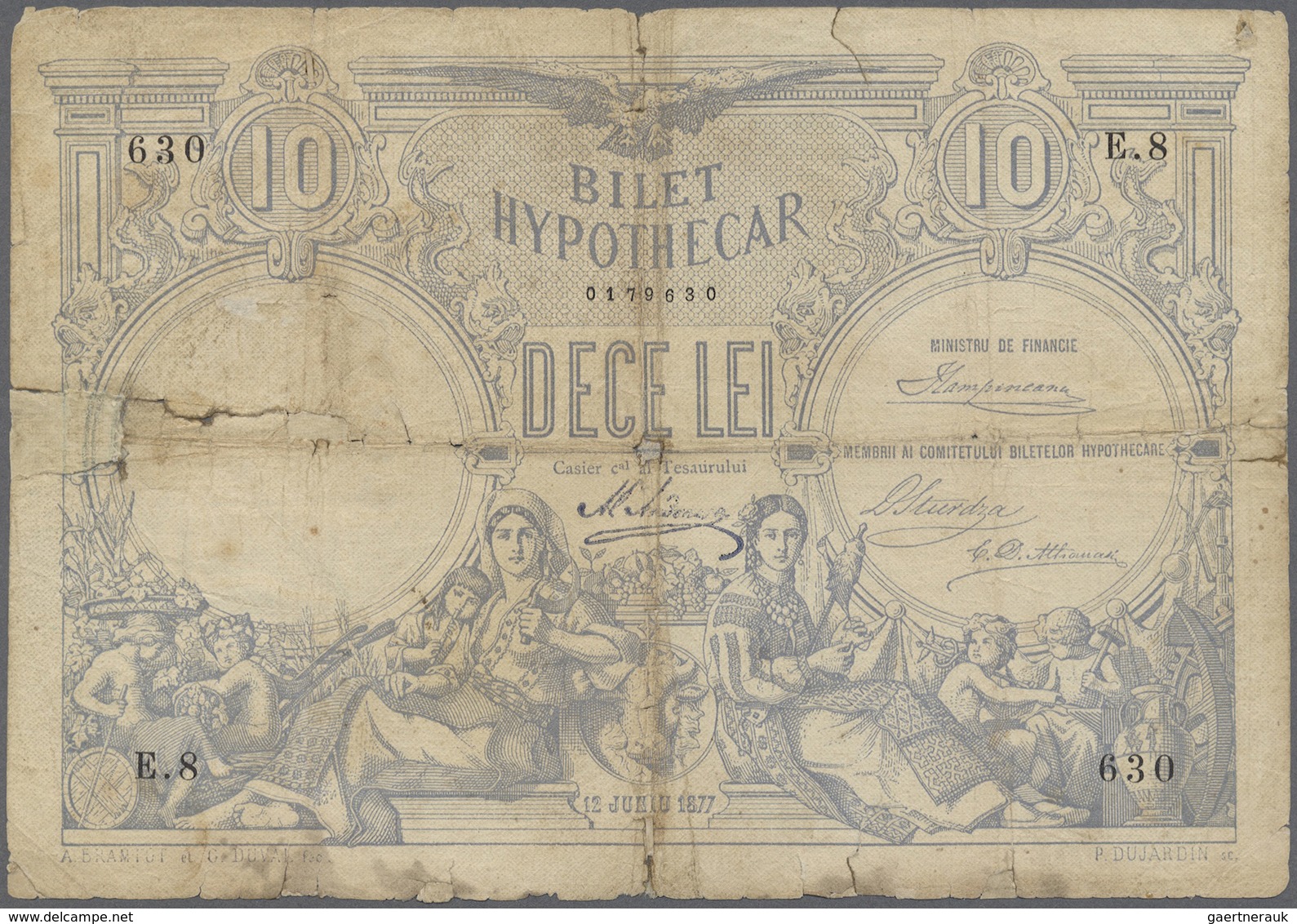 Romania / Rumänien: 10 Lei 1877 P. 2a, Very Strong Used Note With Strong Vertical And Horizontal Fol - Romania