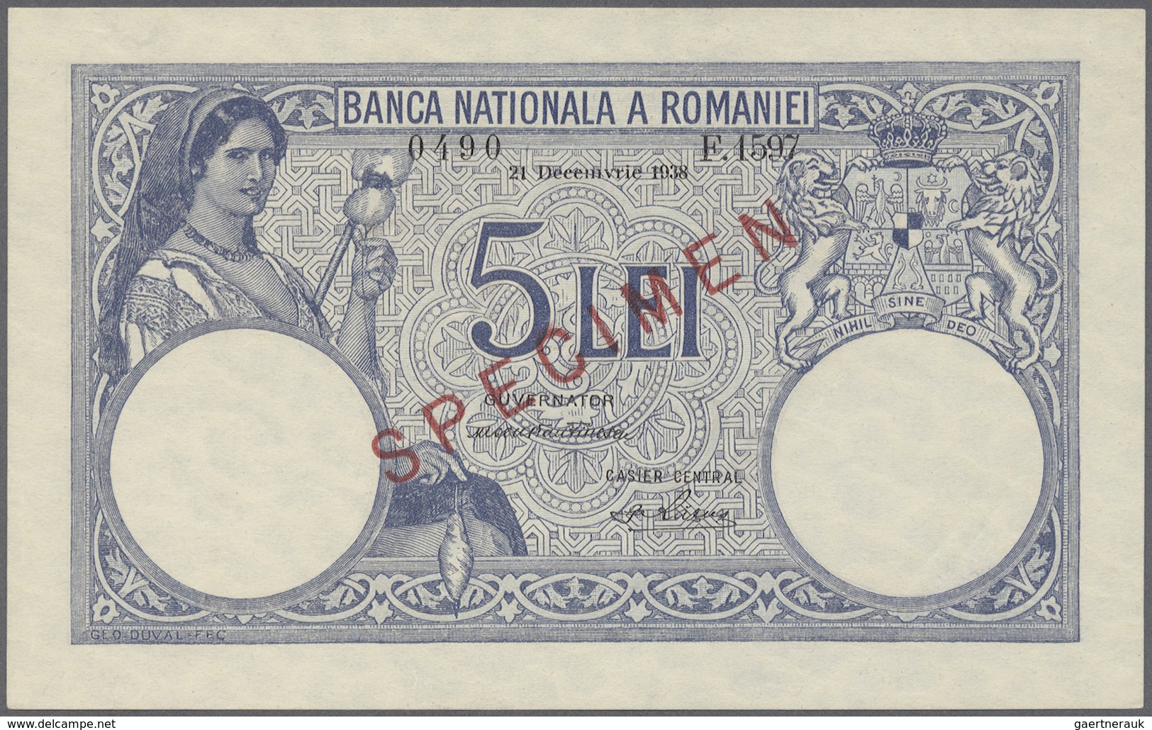 Romania / Rumänien: 5 Lei 1938 Specimen P. 40s, Rare Note, With Regular Serial Number And Specimen O - Romania