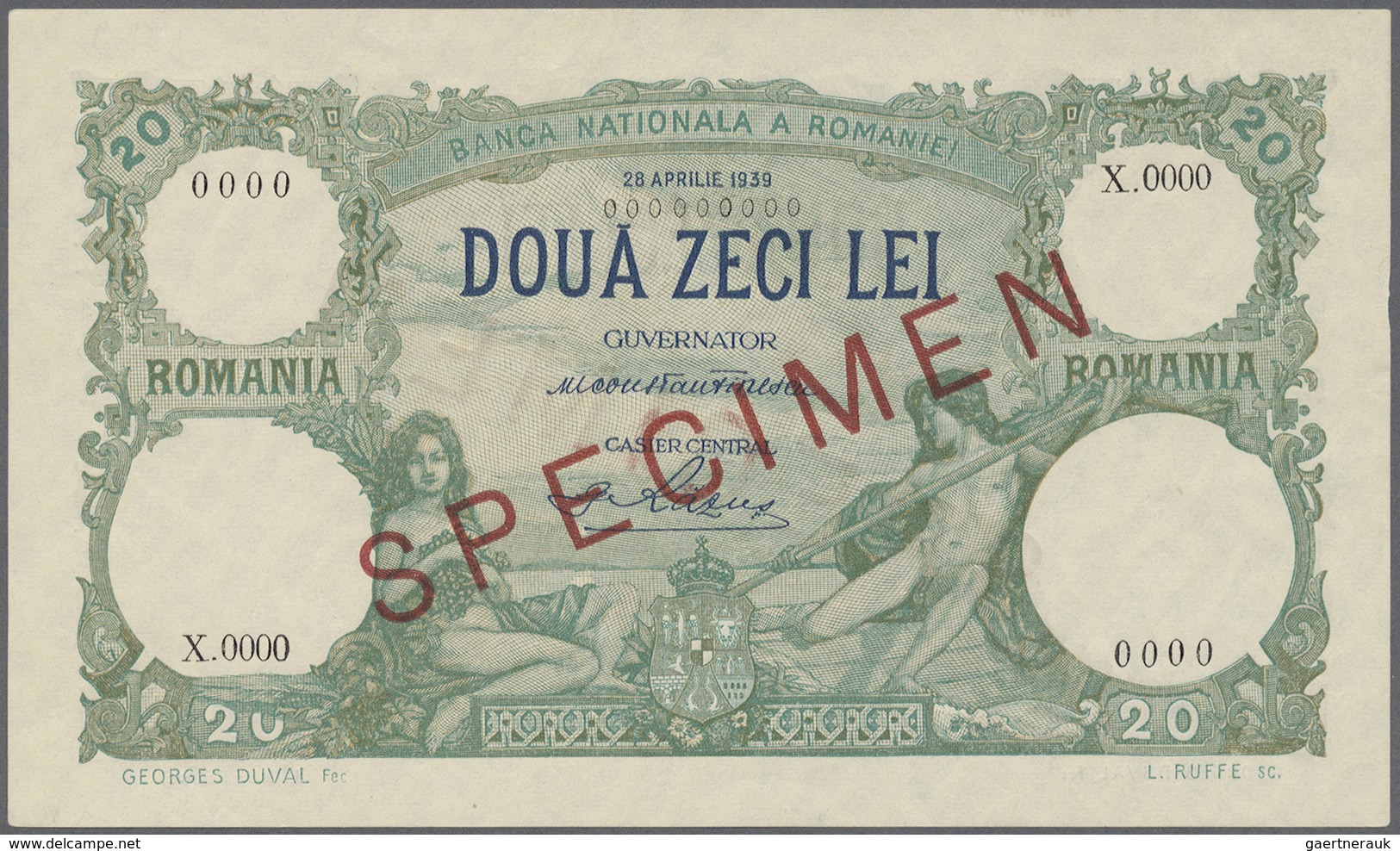 Romania / Rumänien: 20 Lei 1939 Specimen P. 41, Rare Note With Zero Serial Numbers, Red Specimen Ove - Roumanie