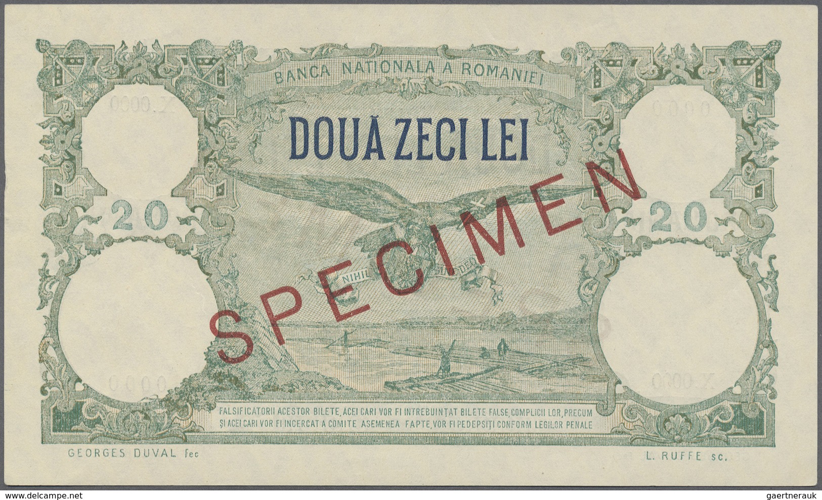 Romania / Rumänien: 20 Lei 1939 Specimen P. 41, Rare Note With Zero Serial Numbers, Red Specimen Ove - Romania