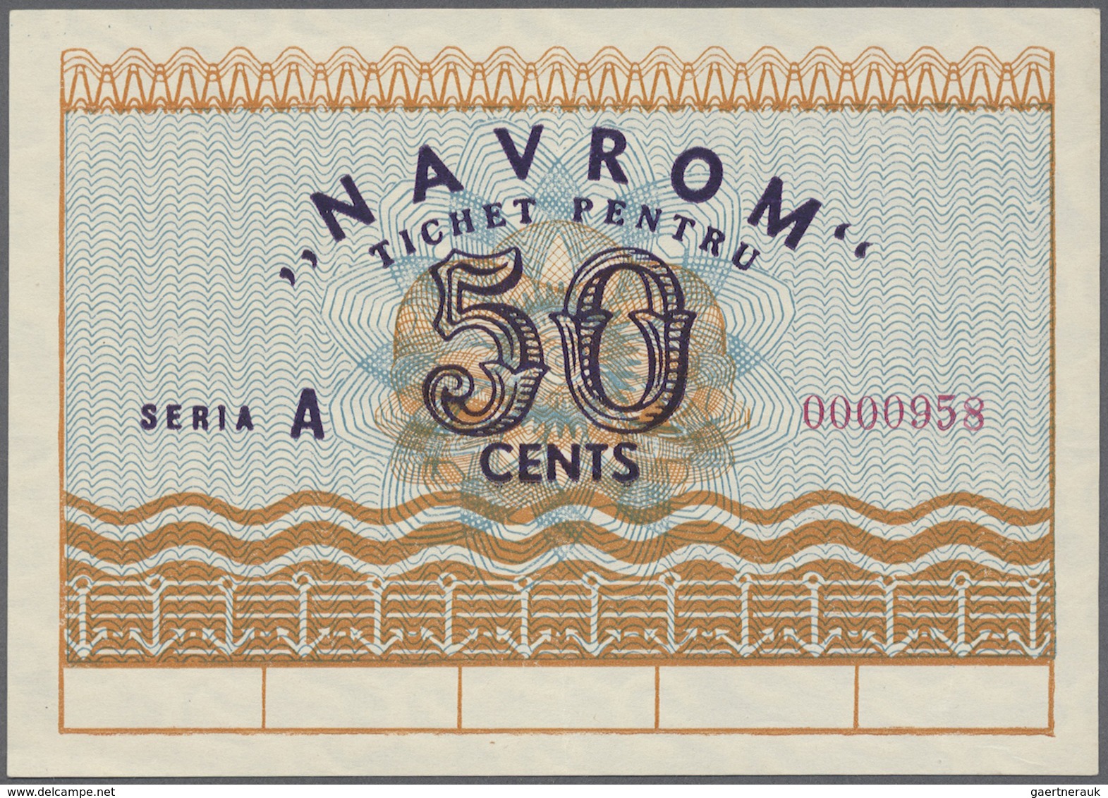 Romania / Rumänien: 50 Cents Navrom Serie A ND, P. NL., Only One Light Center Fold, Condition: XF. - Romania