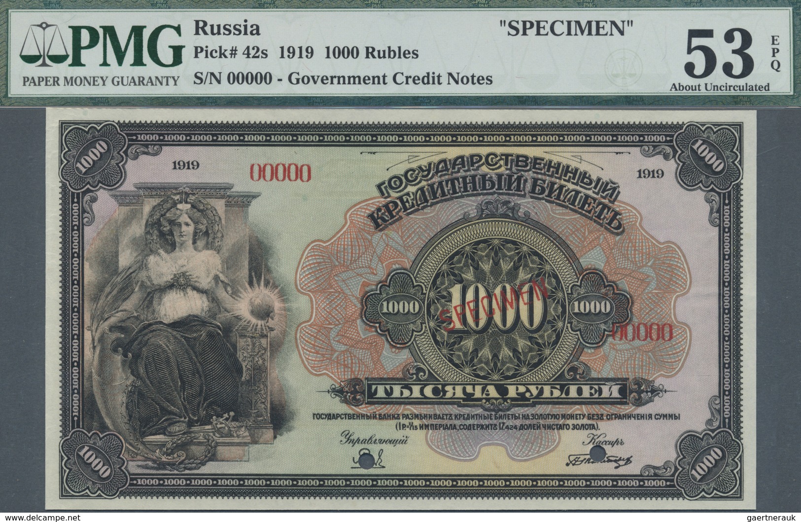 Russia / Russland: Rare Note 1000 Roubles 1919 Specimen P. 42s, PMG Graded 53 AUNC EPQ. - Russland