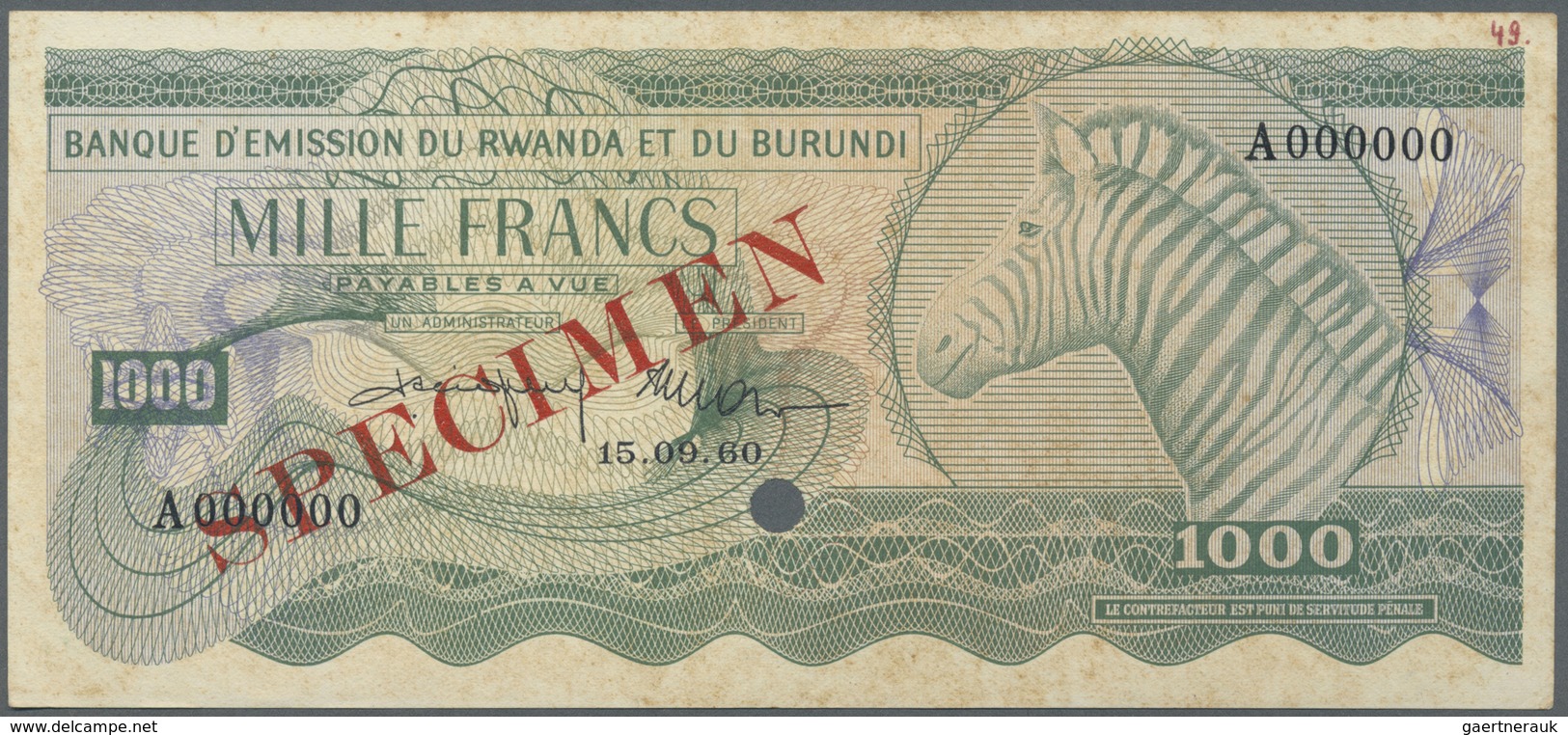 Rwanda-Burundi / Ruanda-Burundi: 1000 Francs 1960 Specimen P. 7s, With Cancellation Hole And Red Spe - Ruanda-Urundi