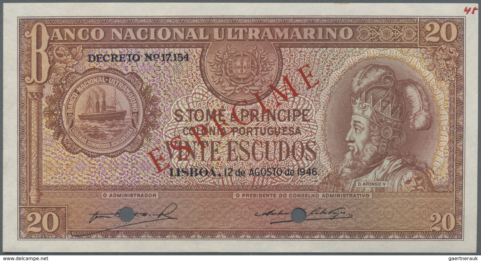 Saint Thomas & Prince / Sao Tome E Principe: 20 Escudos 1946 Specimen P. 32s, 2 Cancellation Holes, - Sao Tome And Principe