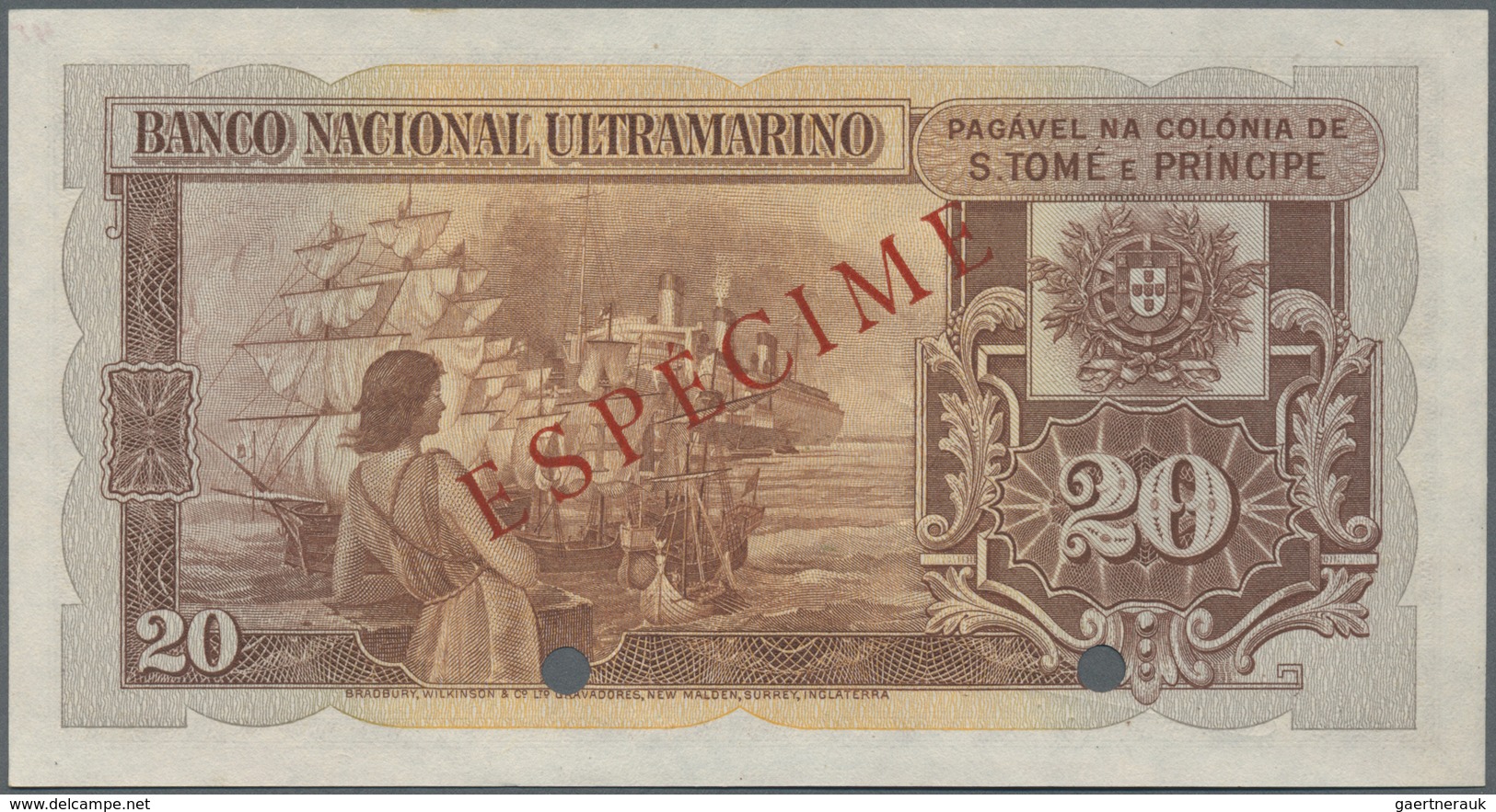 Saint Thomas & Prince / Sao Tome E Principe: 20 Escudos 1946 Specimen P. 32s, 2 Cancellation Holes, - Sao Tome And Principe