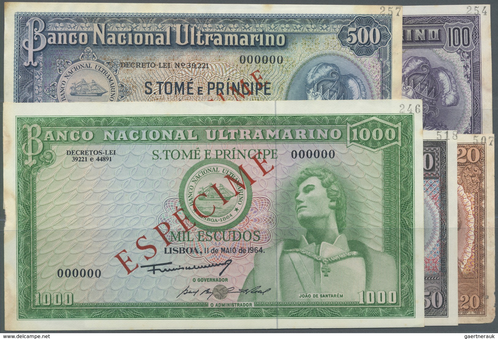 Saint Thomas & Prince / Sao Tome E Principe: Set Of 5 Specimen Notes From 20 To 1000 Escudos 1956/19 - Sao Tome And Principe