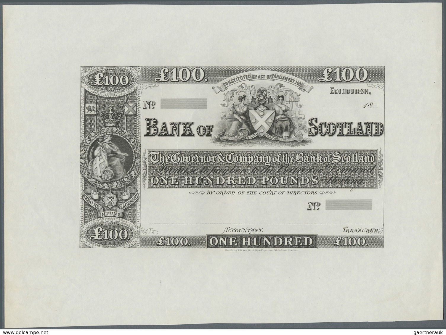 Scotland / Schottland: Bank Of Scotland 100 Pounds ND(18xx) Proof P. 69p Uniface Printed On Banknote - Other & Unclassified