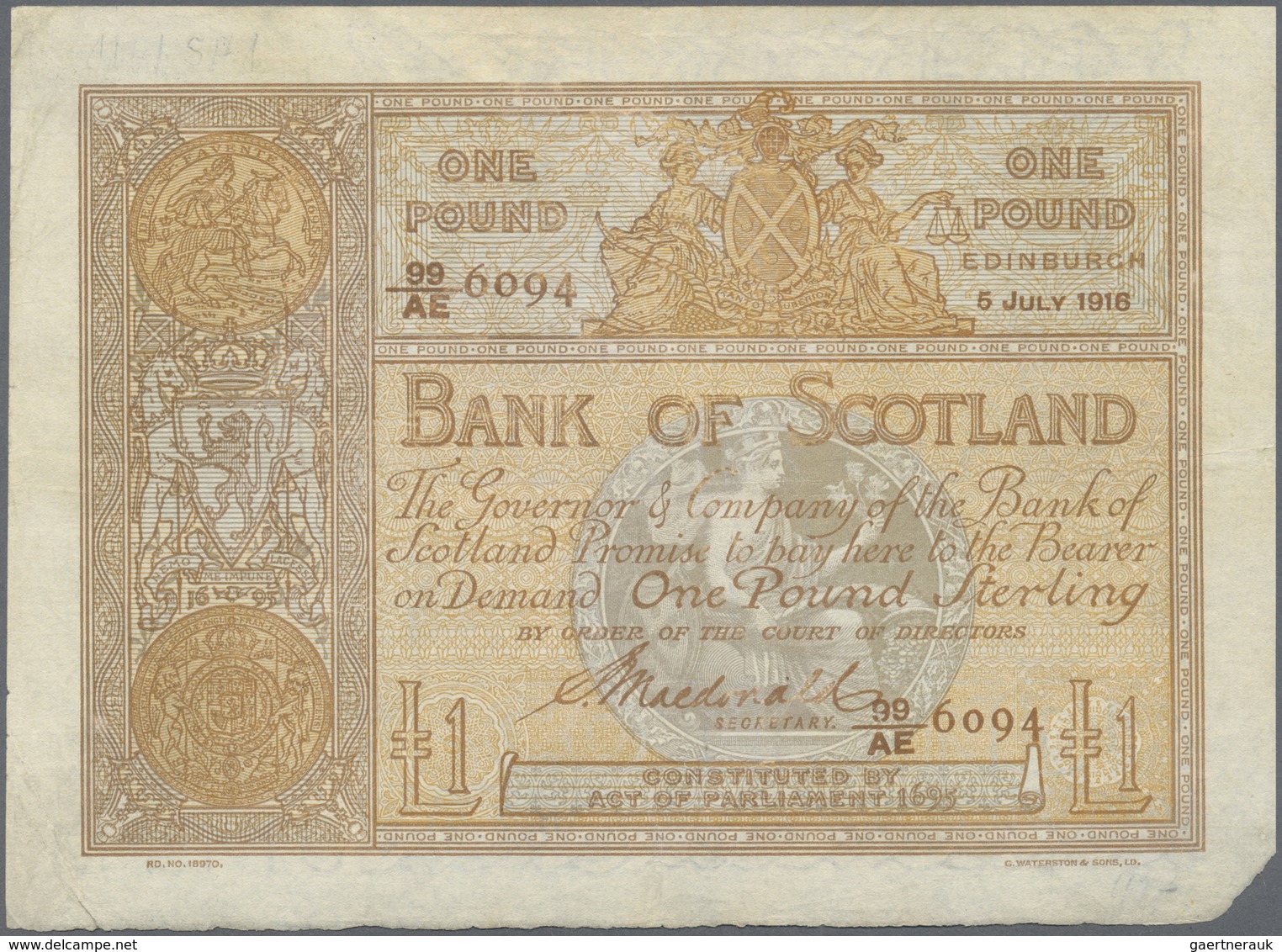 Scotland / Schottland: 1 Pound Bank Of Scotland 1916 With Signature McDonald, P.81c, Very Nice Looki - Other & Unclassified