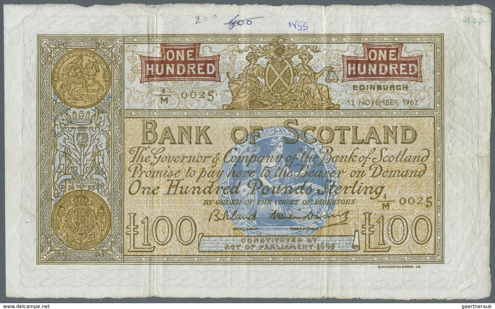 Scotland / Schottland: 100 Pounds 1962 P. 95e, Bank Of Scotland, Several Vertical Folds, One Horizon - Other & Unclassified