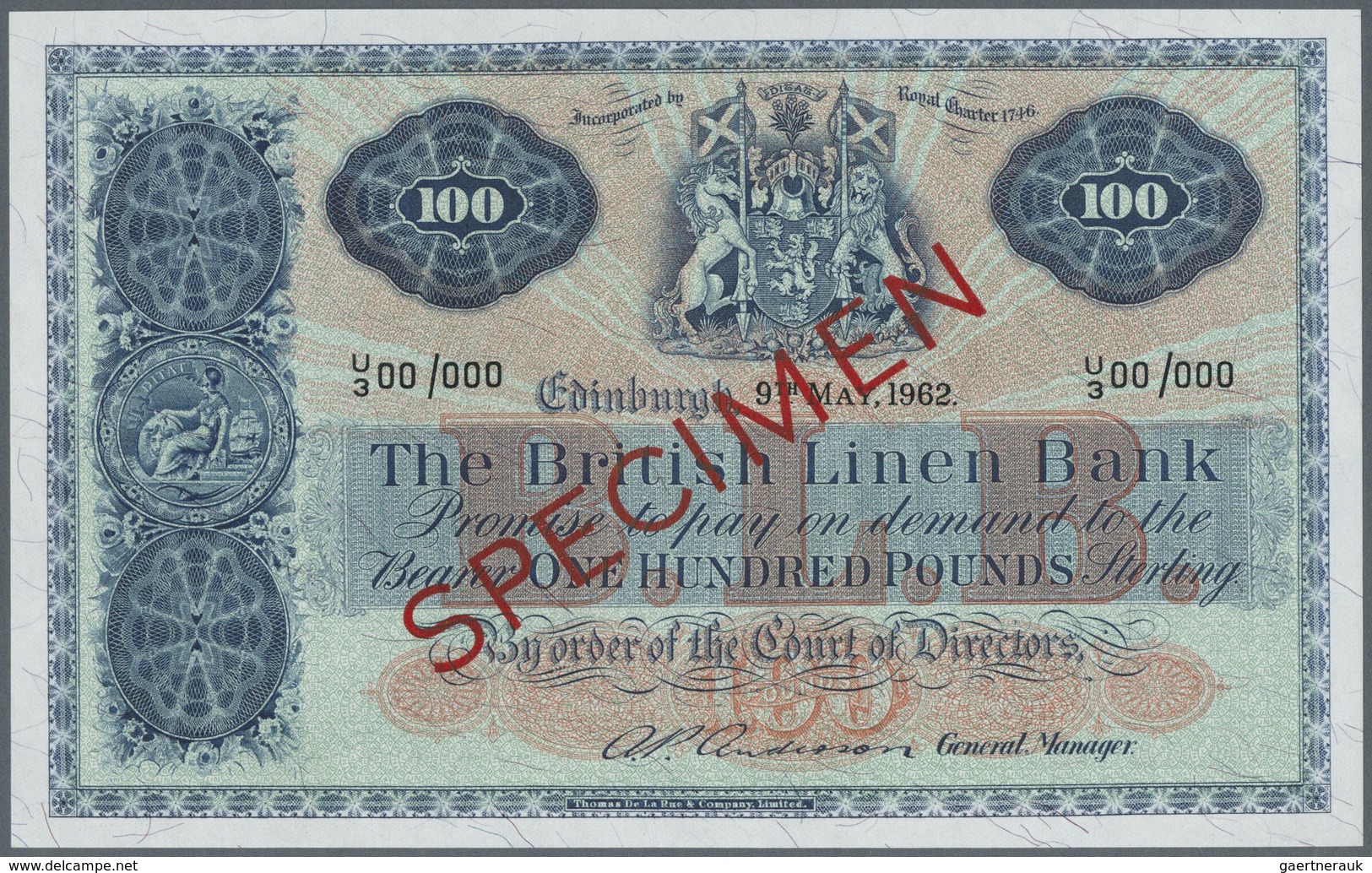 Scotland / Schottland: The British Linen Bank 100 Pounds 1962 Specimen P. 165s, Zero Serial Numbers, - Other & Unclassified