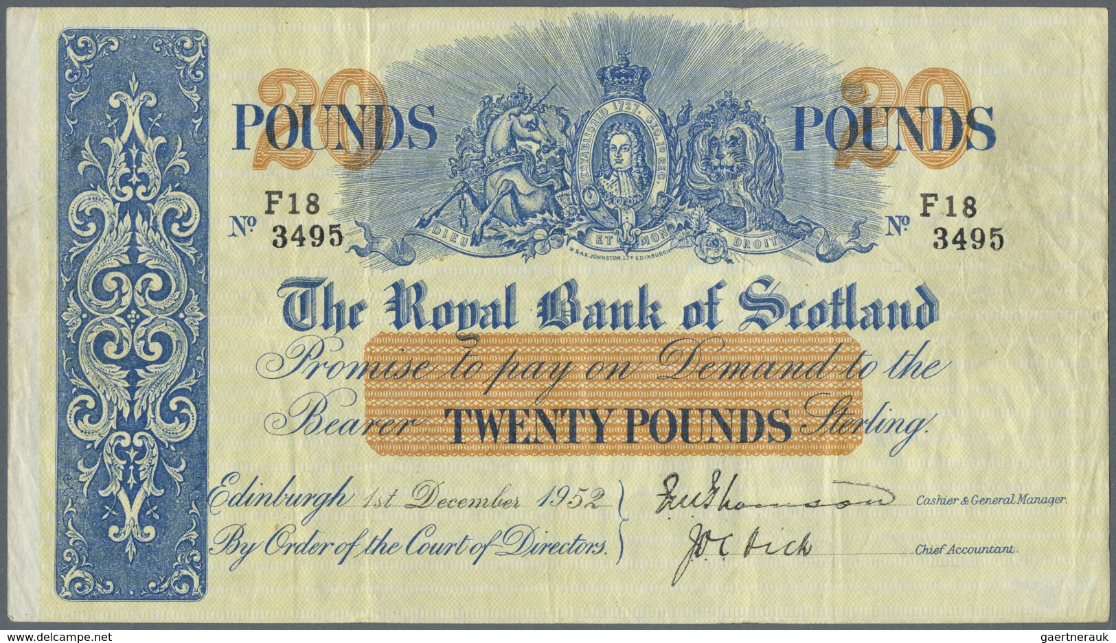 Scotland / Schottland: The Royal Bank Of Scotland 20 Pounds 1952 P. 319c, Seldom Seen Higher Denomin - Other & Unclassified