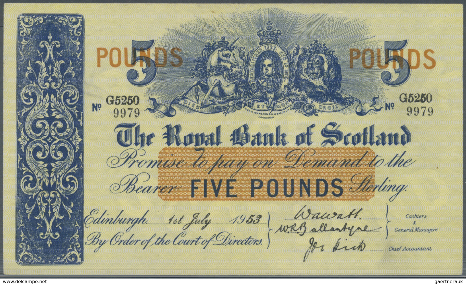 Scotland / Schottland: 5 Pounds 1953 "The Royal Bank Of Scotland" P. 323b, Pressed, Light And Hard T - Autres & Non Classés