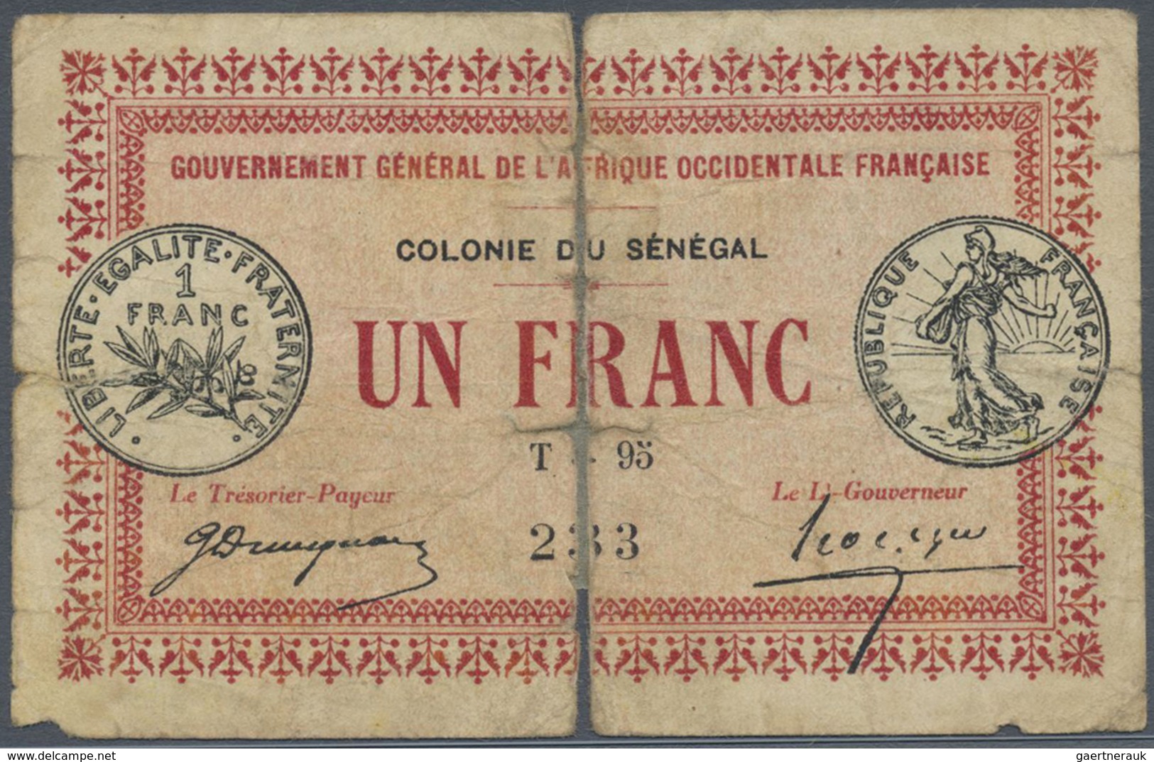 Senegal: Gouvernement Général De L'Afrique Occidentale Française 1 Franc L.11.02.1917, P.2a, Well Wo - Senegal