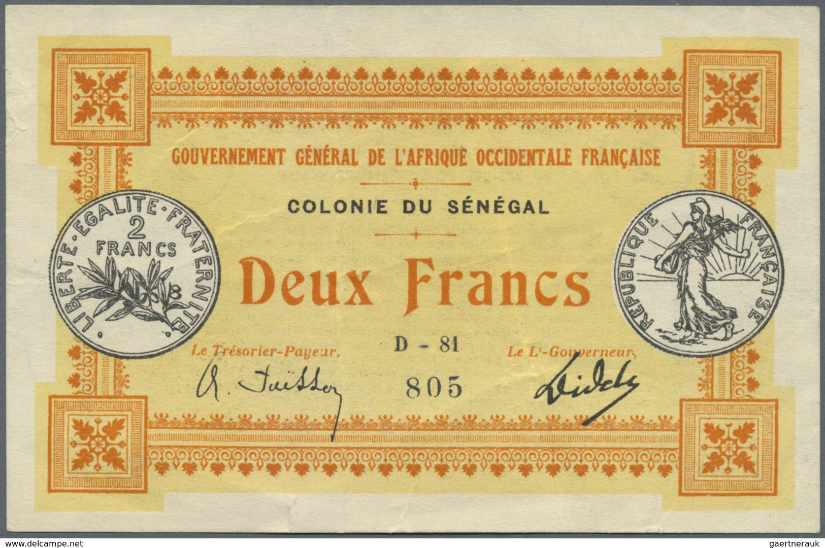 Senegal: Gouvernement Général De L'Afrique Occidentale Française, Colonie Du Senegal 2 Francs L.11.0 - Senegal