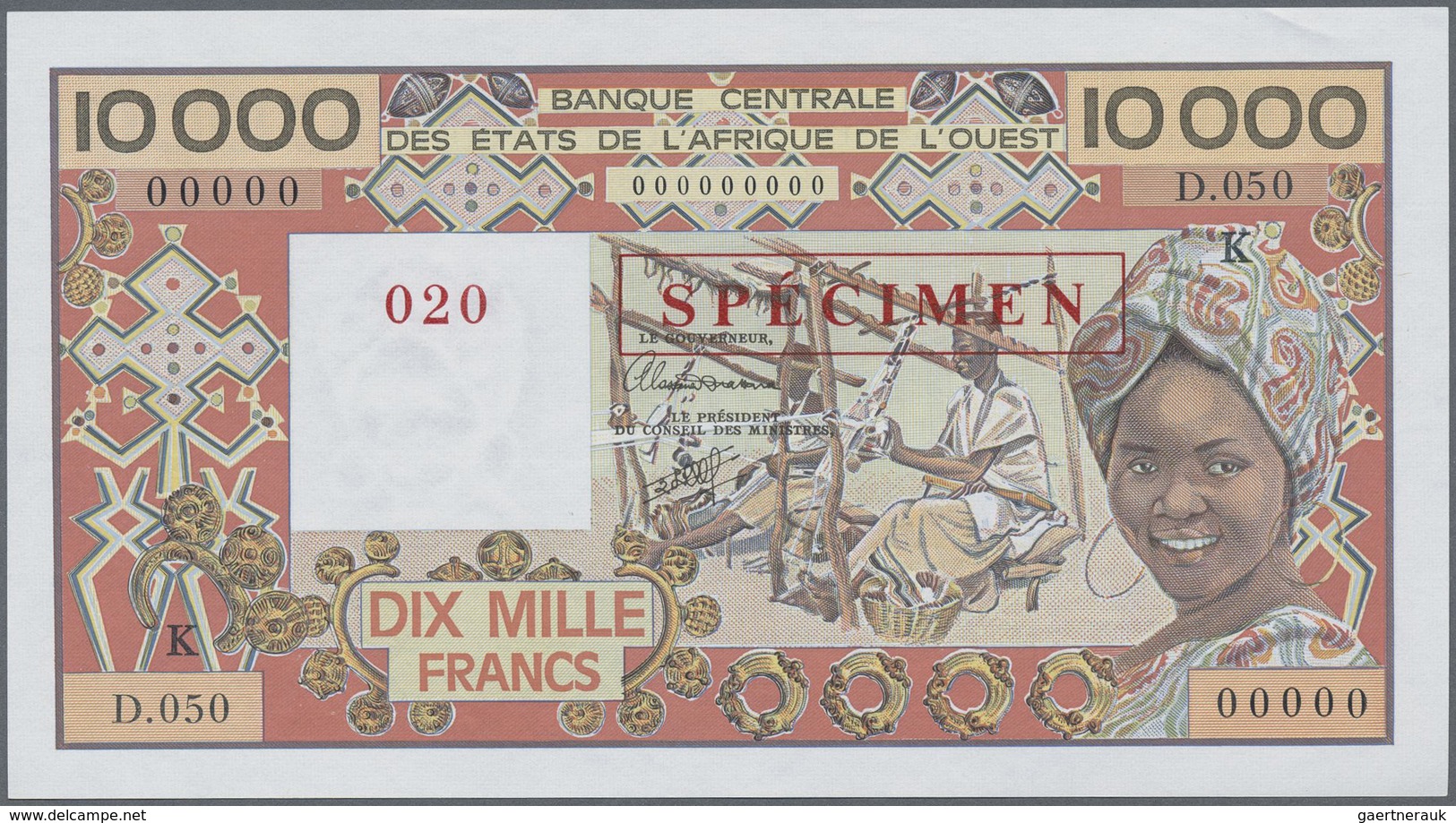 Senegal: West African States Letter "K" For Senegal 10.000 Francs ND(1977-92) Specimen With Zero Ser - Senegal