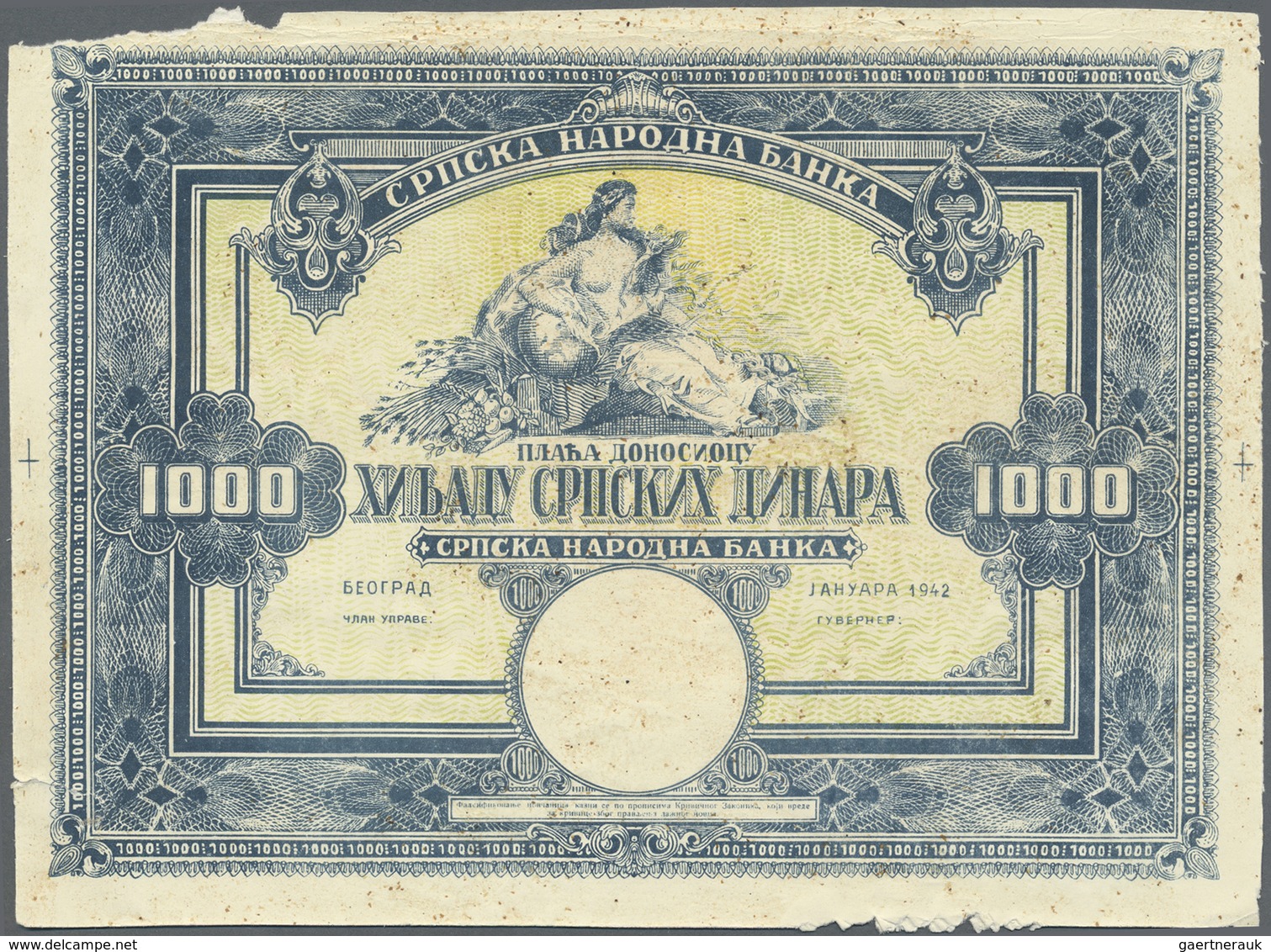 Serbia / Serbien: Printers Essay Of An Not Issued 1000 Dinara Note 1942, P.NL On Thick Paper, Withou - Serbia