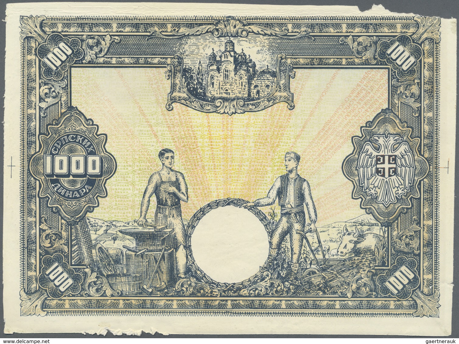 Serbia / Serbien: Printers Essay Of An Not Issued 1000 Dinara Note 1942, P.NL On Thick Paper, Withou - Serbia