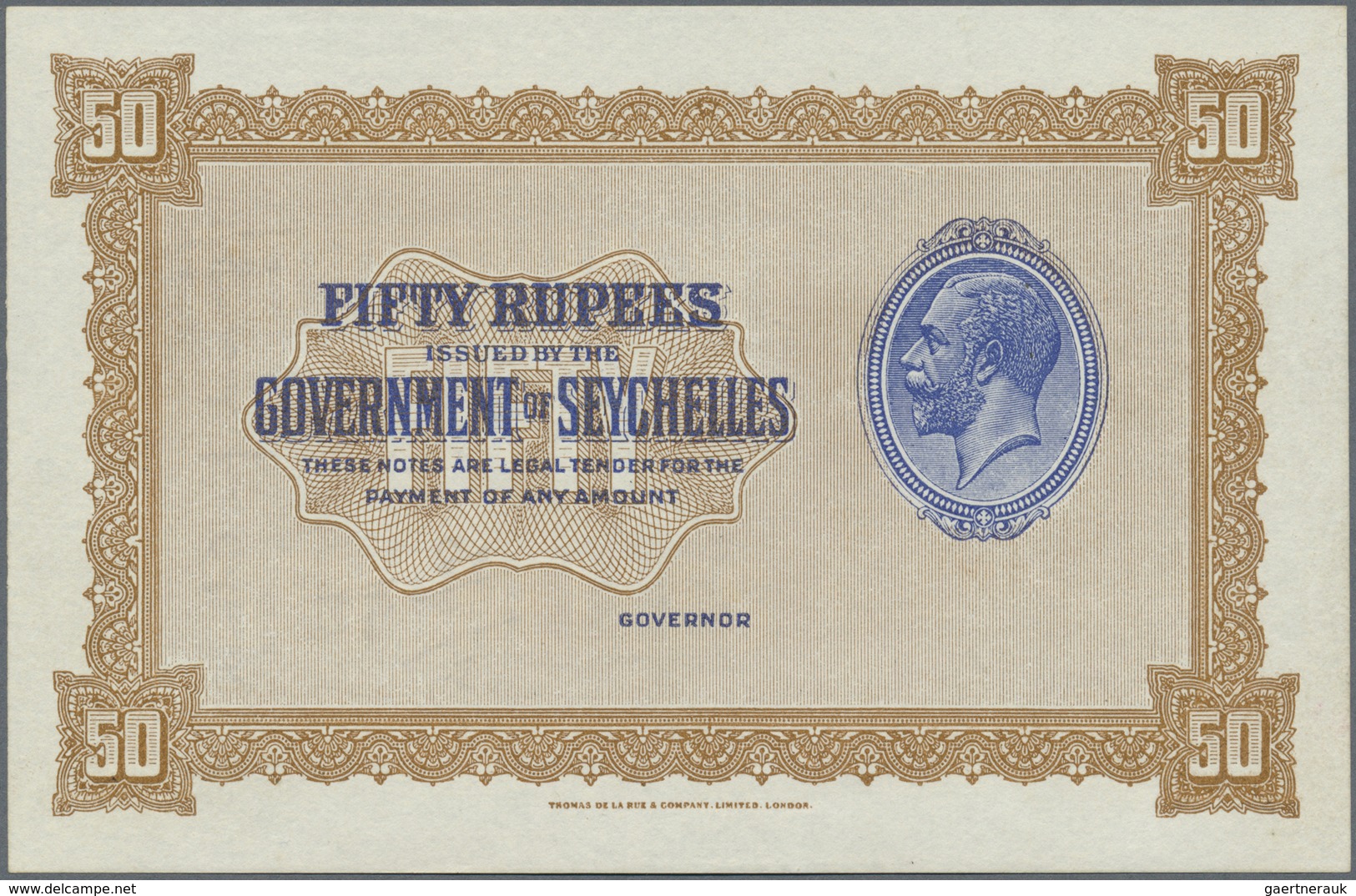 Seychelles / Seychellen: 50 Rupees ND(1928-36) W/o Serial Number And Signature, Proof Or Remainder P - Seychelles