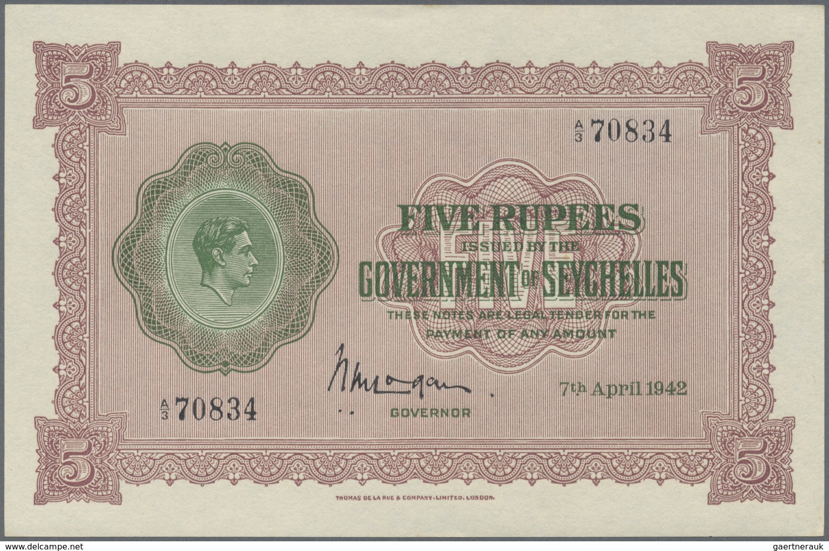 Seychelles / Seychellen: 5 Rupees 1942 KGVI Portrait P. 8 In Exceptional Condition: UNC. - Seychelles