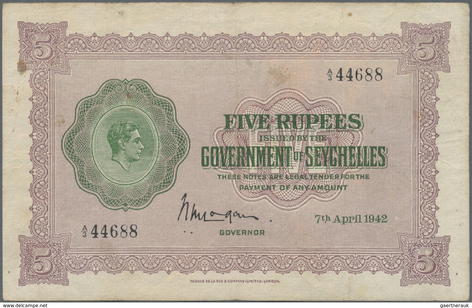 Seychelles / Seychellen: 5 Rupees April 7th 1942, P.8, Lightly Toned Paper With A Few Spots And Seve - Seychelles