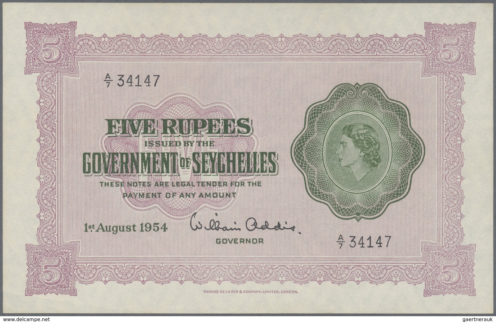 Seychelles / Seychellen: 5 Rupees 1954, P.11a In XF+ - Seychelles