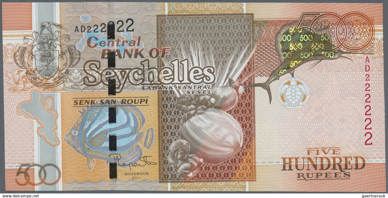 Seychelles / Seychellen: 500 Rupees 2011, P.45 With Solid Number AD 222222 UNC - Seychelles