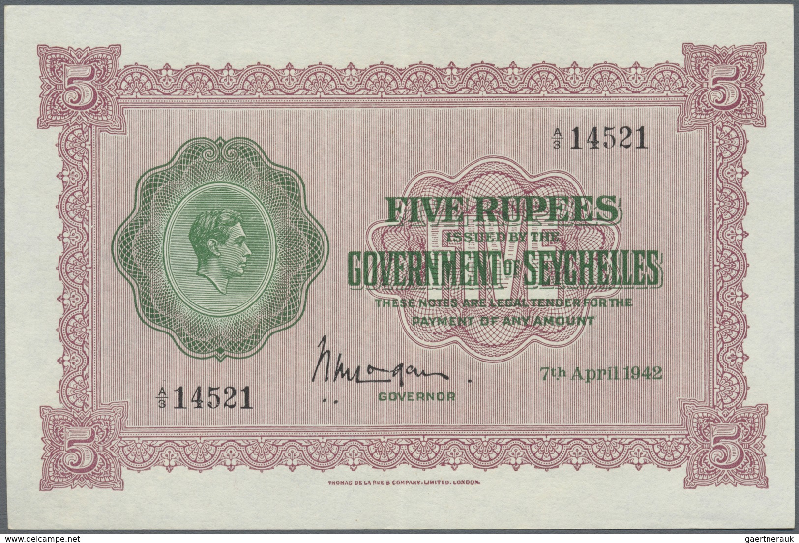 Seychelles / Seychellen: 5 Rupees 1942 P. 8, Only One Very Light Center Fold And A Tiny Dint At Lowe - Seychelles