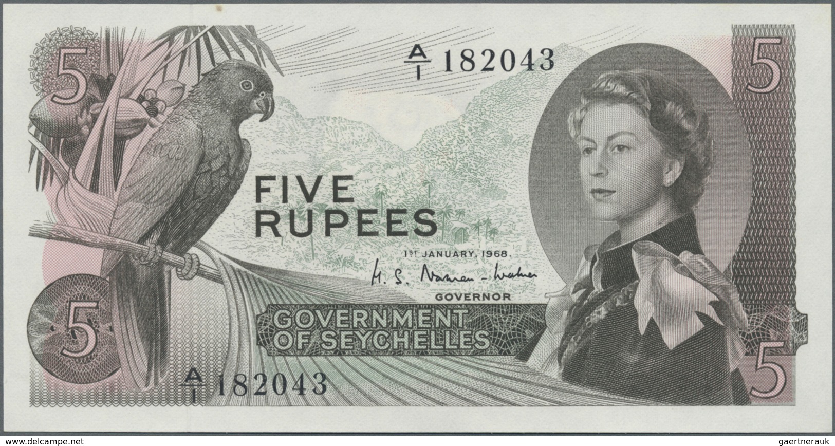 Seychelles / Seychellen: 5 Rupees 1968, P.14 With A Tiny Spot At Upper Margin, Otherwise Perfect. Co - Seychelles