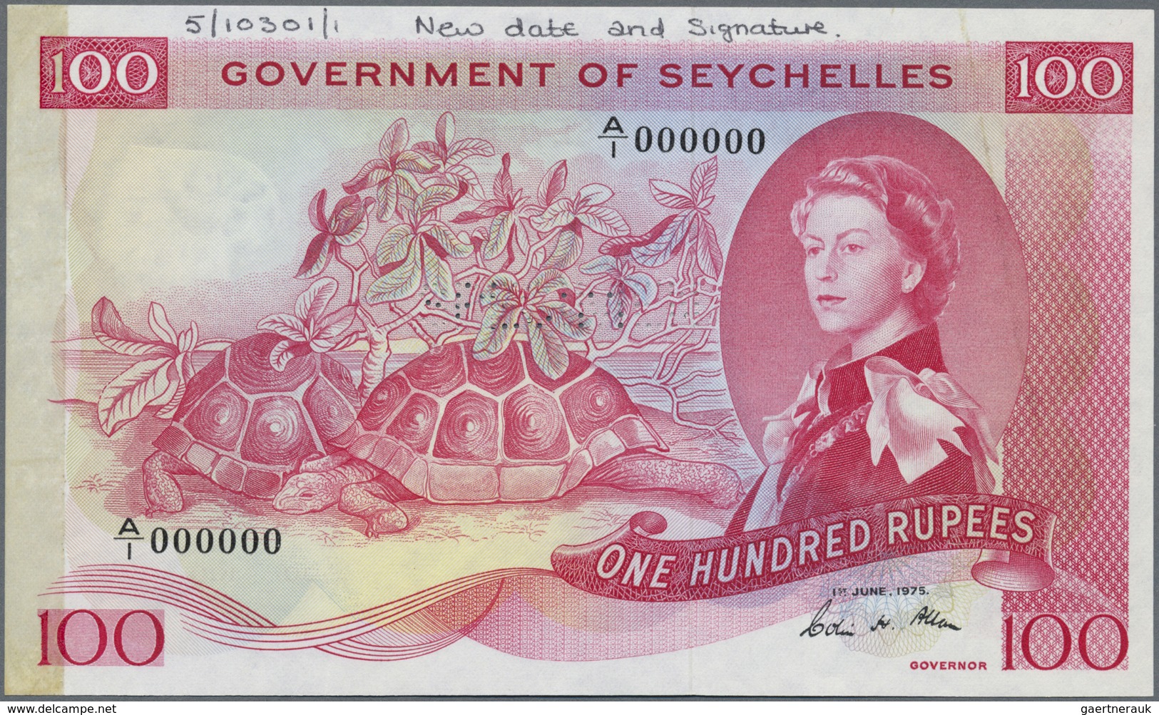 Seychelles / Seychellen: 100 Rupees 1975 SPECIMEN Proof With Serial Number A/I 000000, Perforation " - Seychelles