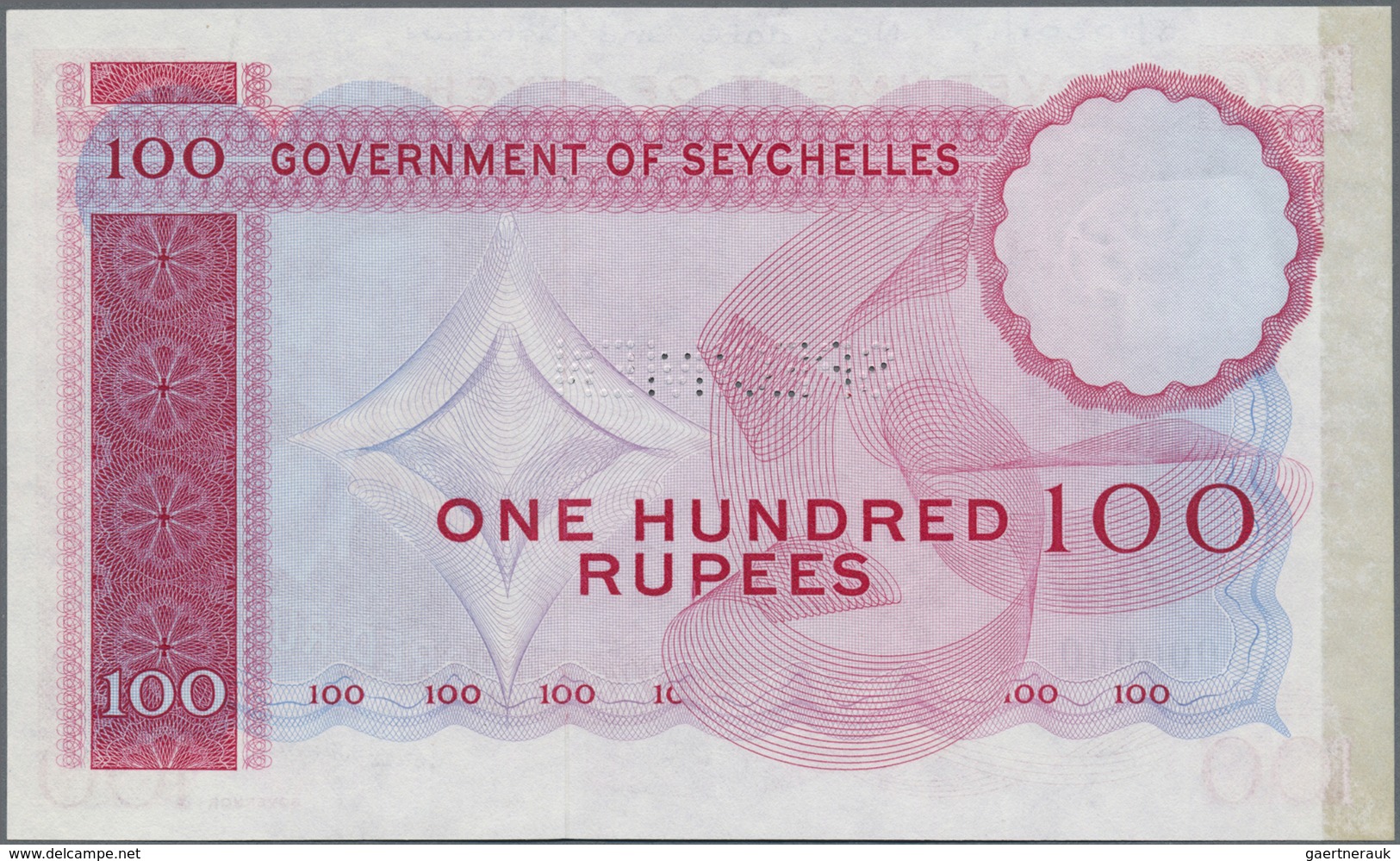 Seychelles / Seychellen: 100 Rupees 1975 SPECIMEN Proof With Serial Number A/I 000000, Perforation " - Seychelles