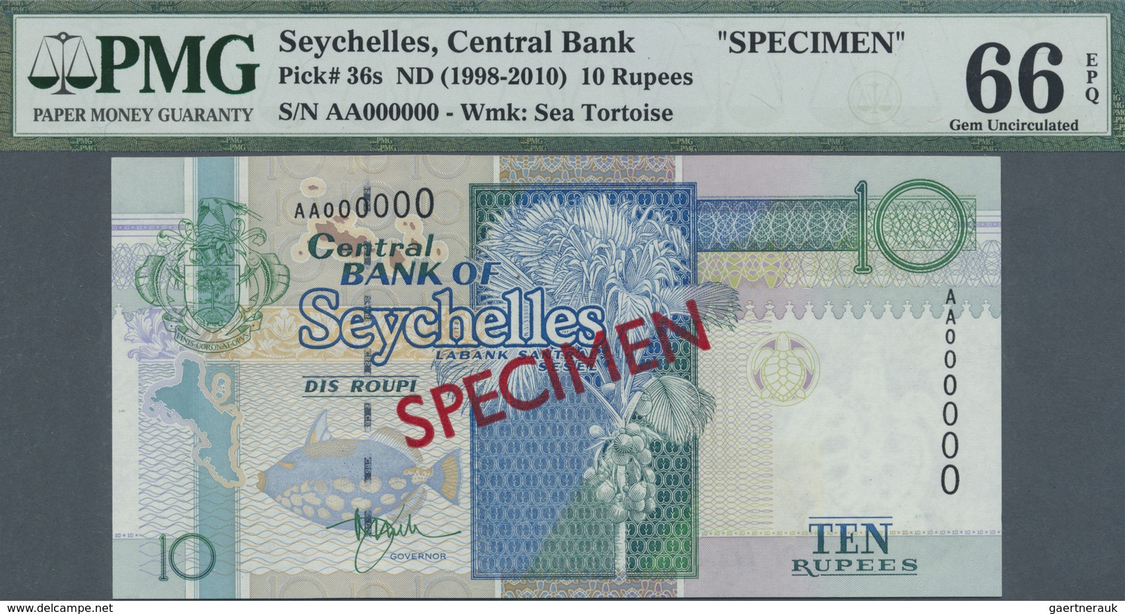 Seychelles / Seychellen: Set Of 4 Specimen Notes Conatining 10 Rupees ND(1998-2010) P. 36s PMG 66 GE - Seychelles