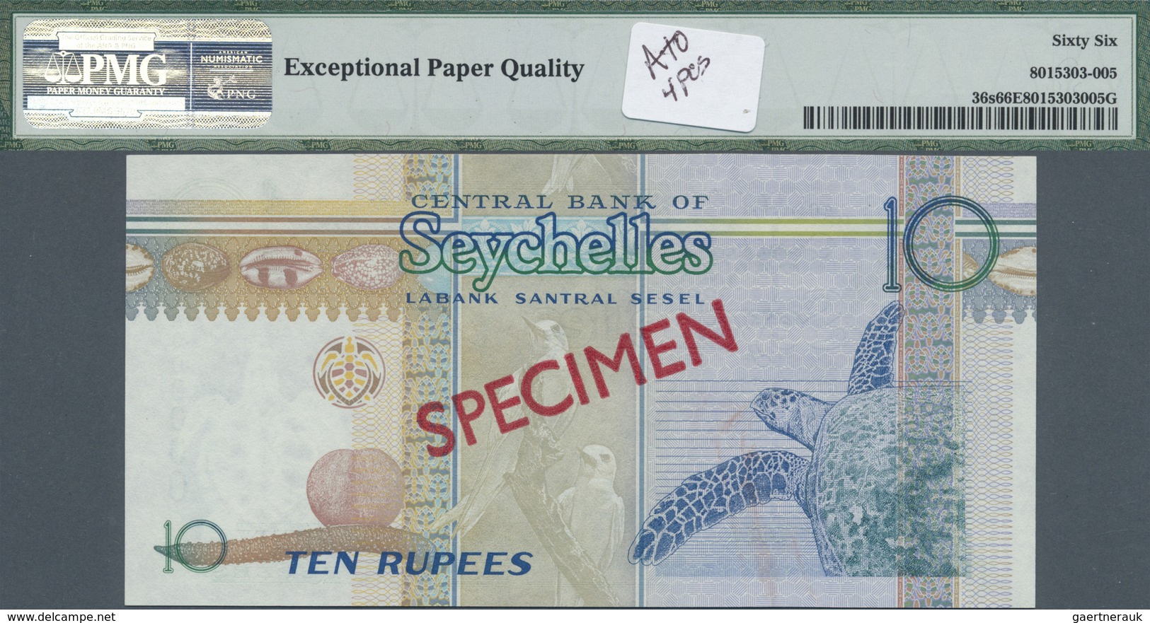 Seychelles / Seychellen: Set Of 4 Specimen Notes Conatining 10 Rupees ND(1998-2010) P. 36s PMG 66 GE - Seychelles