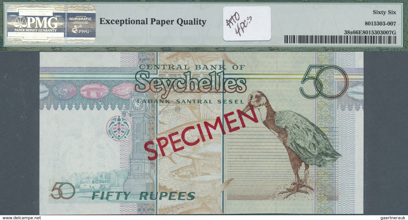 Seychelles / Seychellen: set of 4 Specimen notes conatining 10 Rupees ND(1998-2010) P. 36s PMG 66 GE