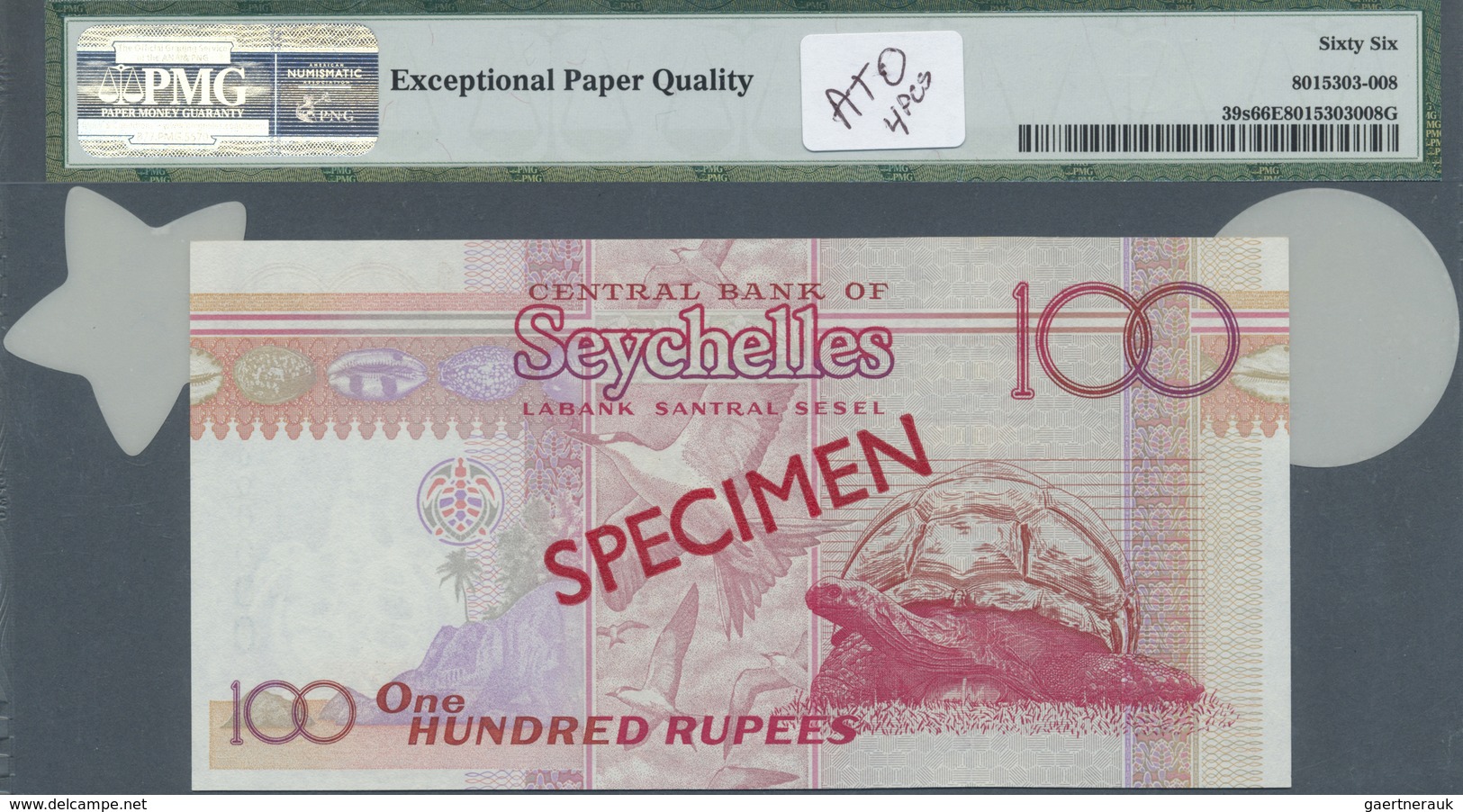 Seychelles / Seychellen: set of 4 Specimen notes conatining 10 Rupees ND(1998-2010) P. 36s PMG 66 GE