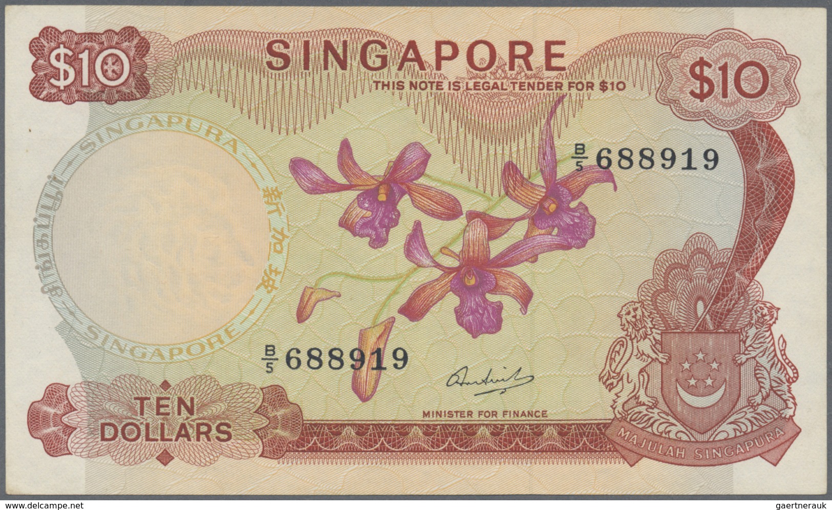 Singapore / Singapur: 10 Dollars ND(1967-73) P. 3, Light Center Bend, Light Stain At Upper Right, Co - Singapore