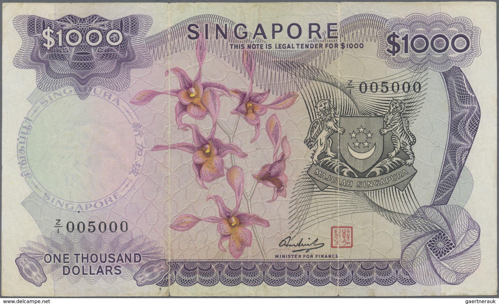 Singapore / Singapur: 1000 Dollars ND(1967-75) Replacement Note With Series "Z" And Serial 005000, P - Singapore