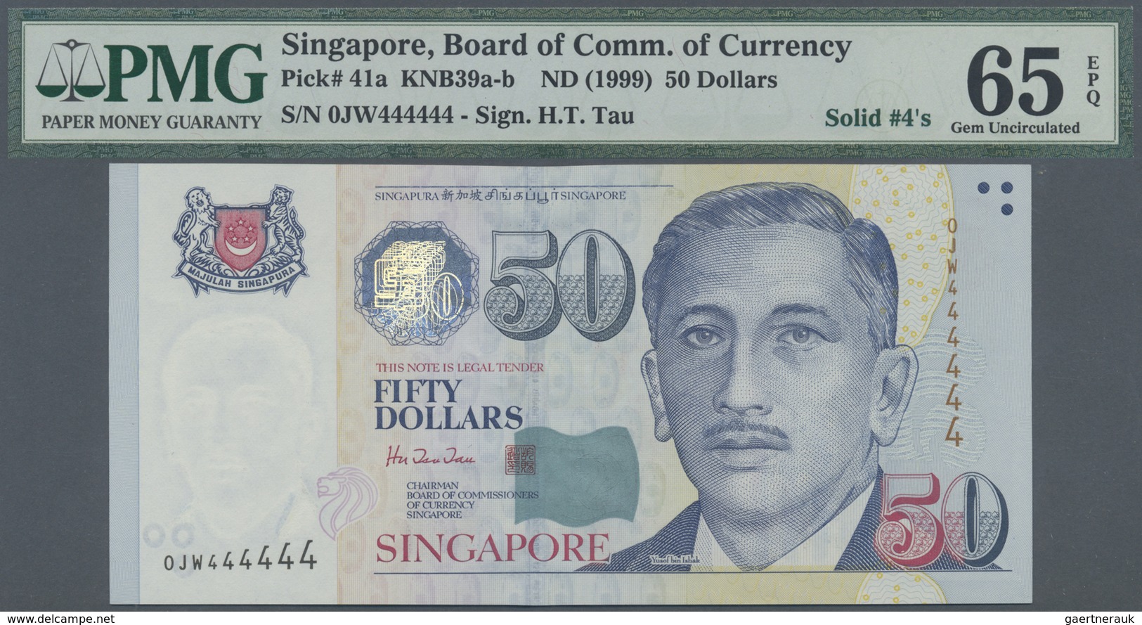 Singapore / Singapur: 50 Dollars ND(1999) P. 41a With Special Serial Number 0JW444444, PMG Graded 65 - Singapore