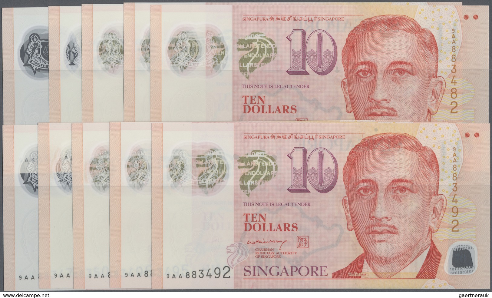 Singapore / Singapur: Set With 10 Banknotes 10 Dollars 2004-2016, P.48a, All With Prefix 9AA In UNC - Singapore