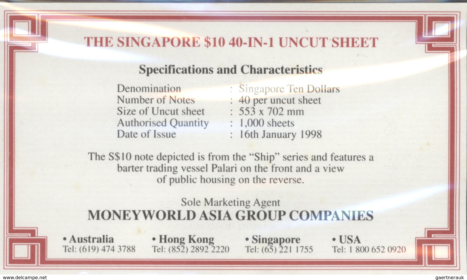 Singapore / Singapur: Uncut Sheet Of 40 Pcs 10 Dollars ND(1988) P. 20 In Condition: UNC. (40 Pcs Unc - Singapore
